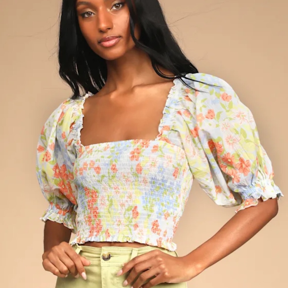 Feeling Groovy Blue Multi Floral Smocked Puff Sleeve Crop Top Size M